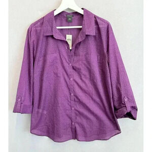 Ann Taylor Women's 16 Purple Floral Geometric Lightweight Sheer Button Up Shirt‎